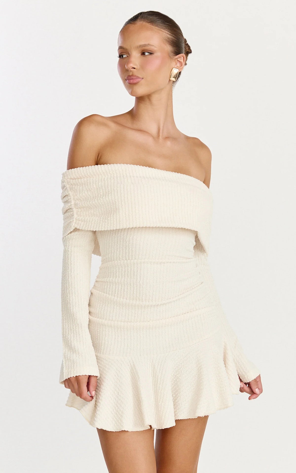 Maeve Mini Dress - Off Shoulder Long Sleeve Fit And Flare Mini Dress in Chocolate