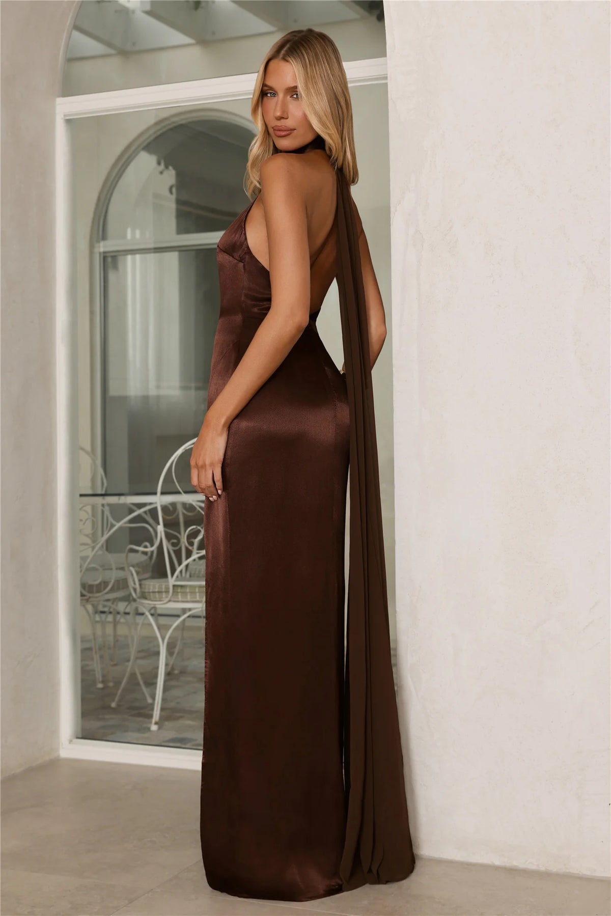 Effortless Luxe Halter Satin Maxi Dress Chocolate