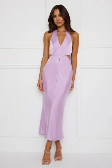 Chic Soirée Satin Halter Midi Dress Lilac