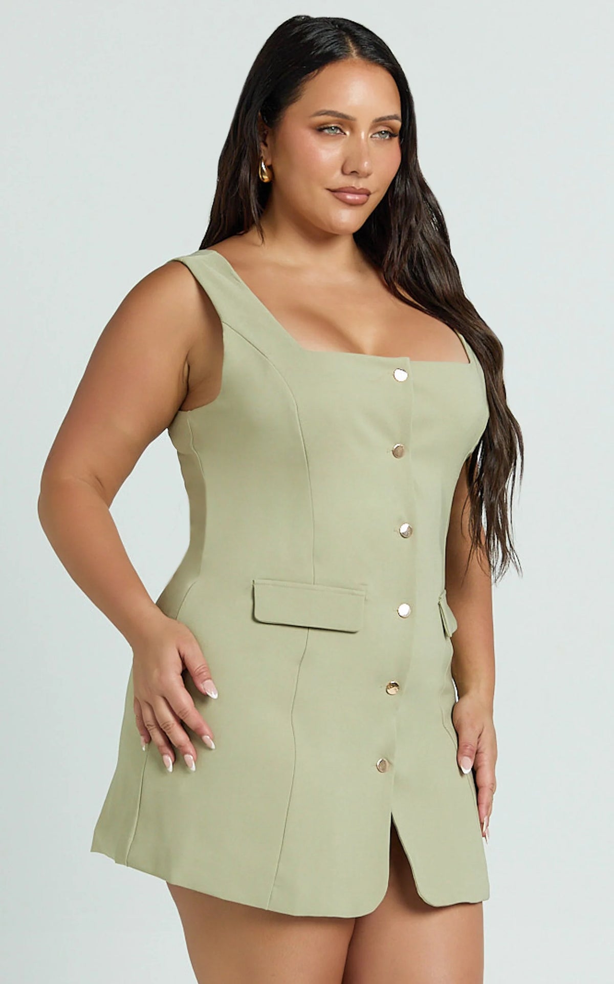 Kenna Mini Dress - Square Neck Button Down Mini Dress in Black