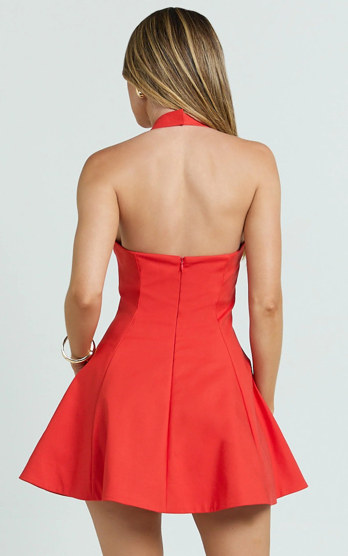 Nadine Mini Dress - Square Neck Halterneck Flare Skirt Dress in Red