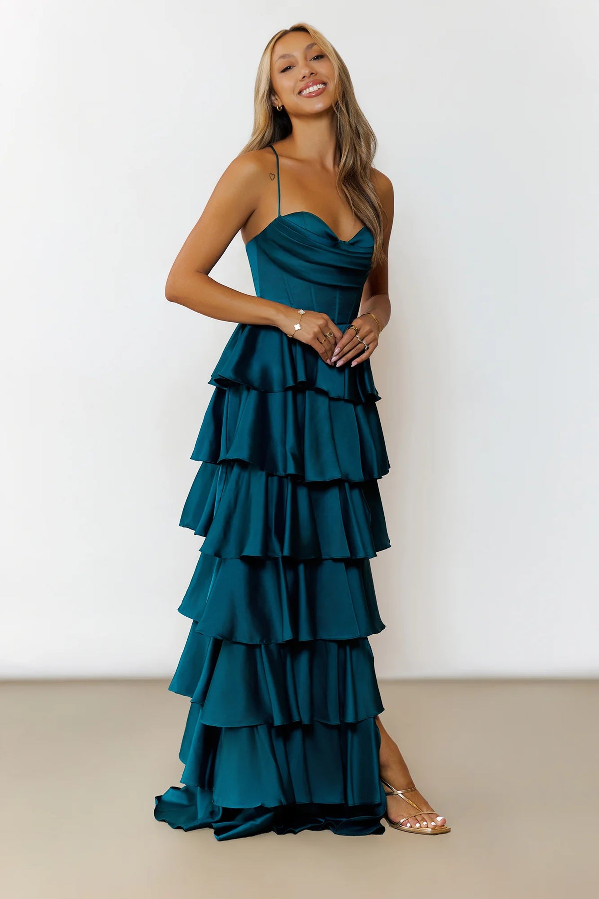 Lights Camera Party Satin Maxi Dress Emerald