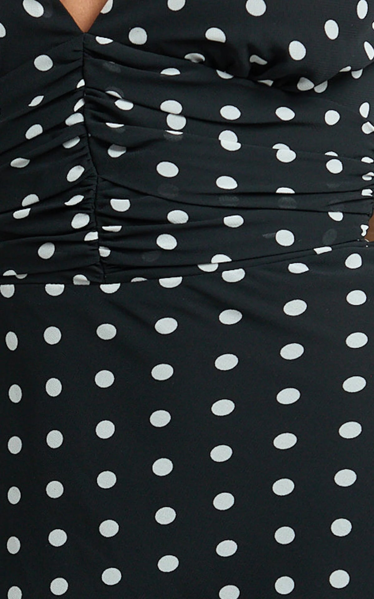 Sybil Mini Dress - Plunge Halter Low Back A Line Dress in Black Polka Dot