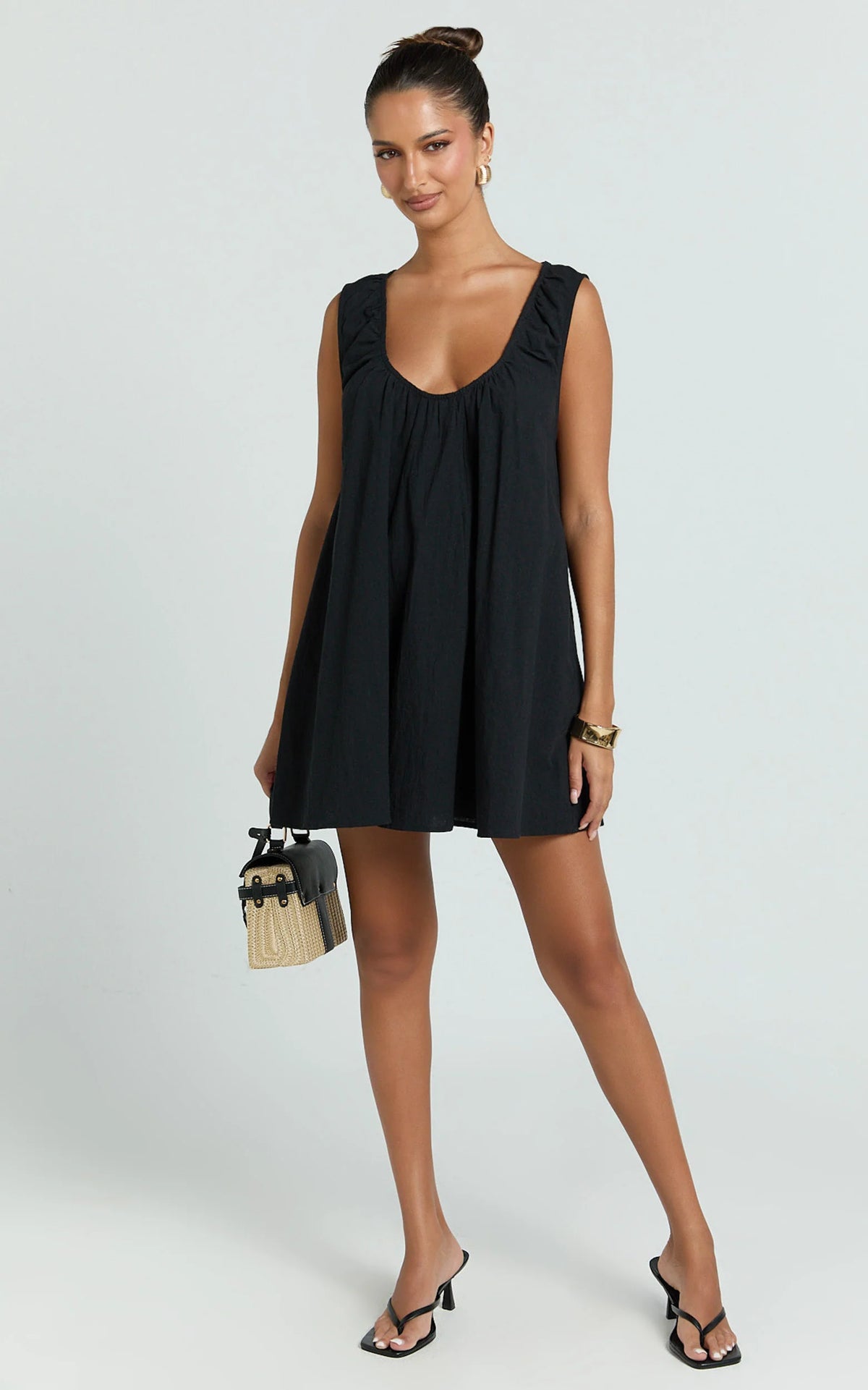 Lucinda Mini Dress - Deep U Gathered Neck Smock Dress in Pale Blue