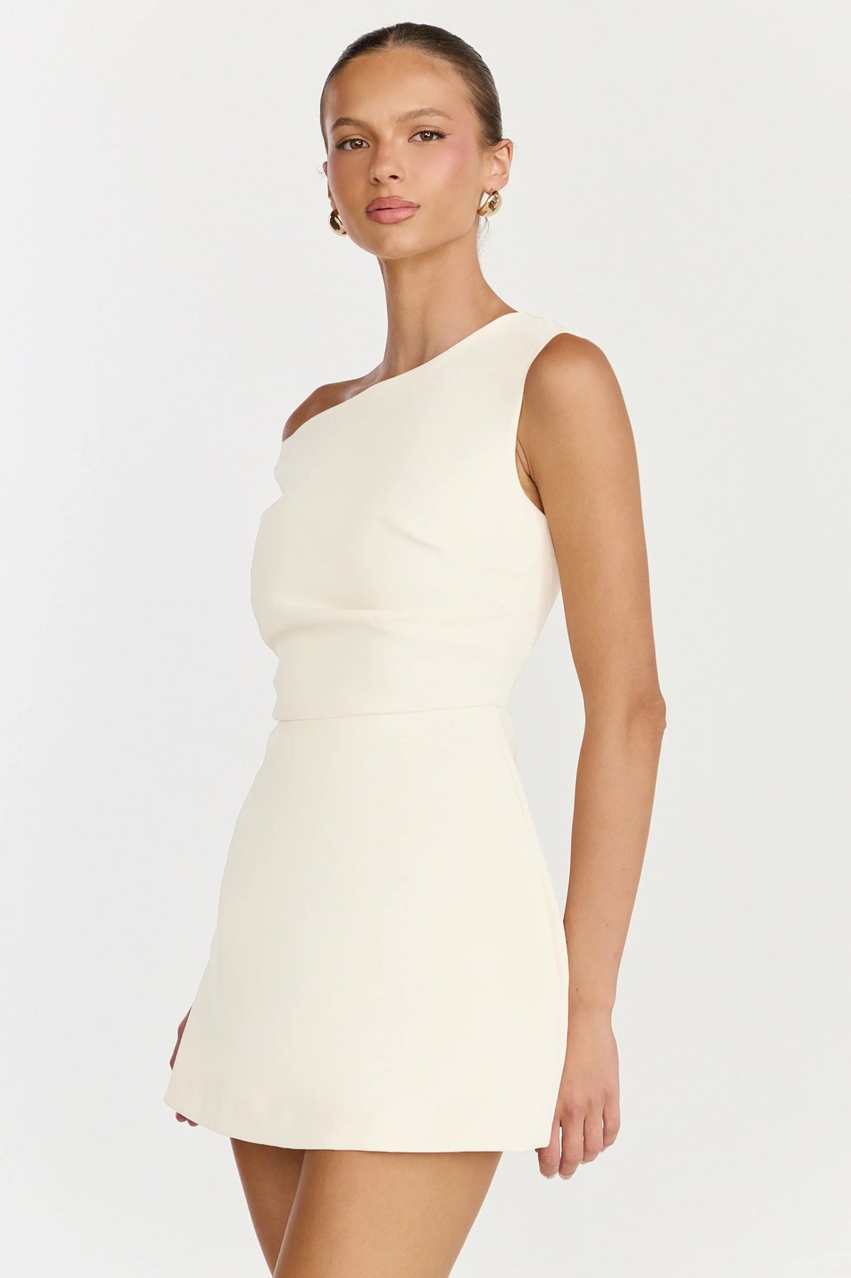 Claire Mini Dress - Tipped Shoulder Tulip Skirt Dress in White