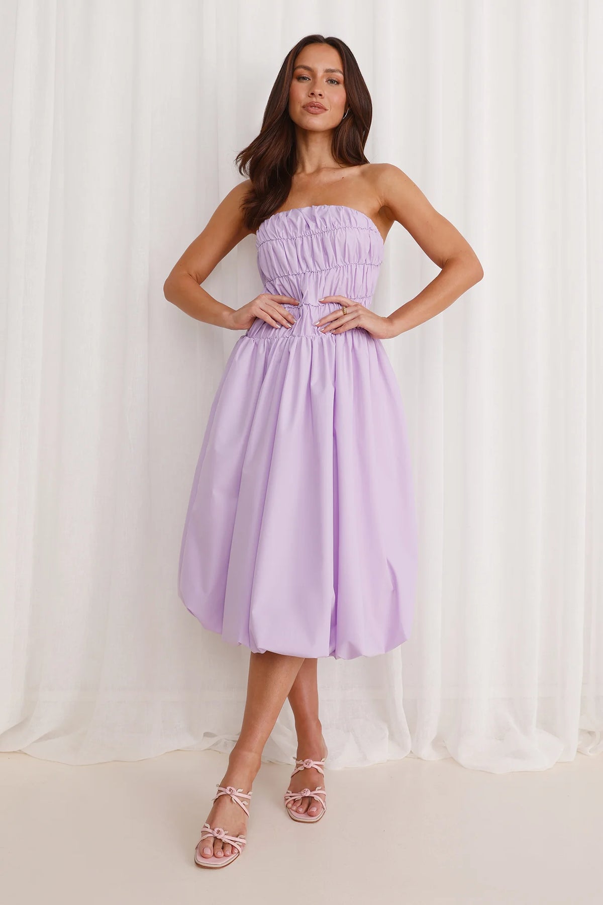 Stella Strapless Bubble Midi Dress Lilac