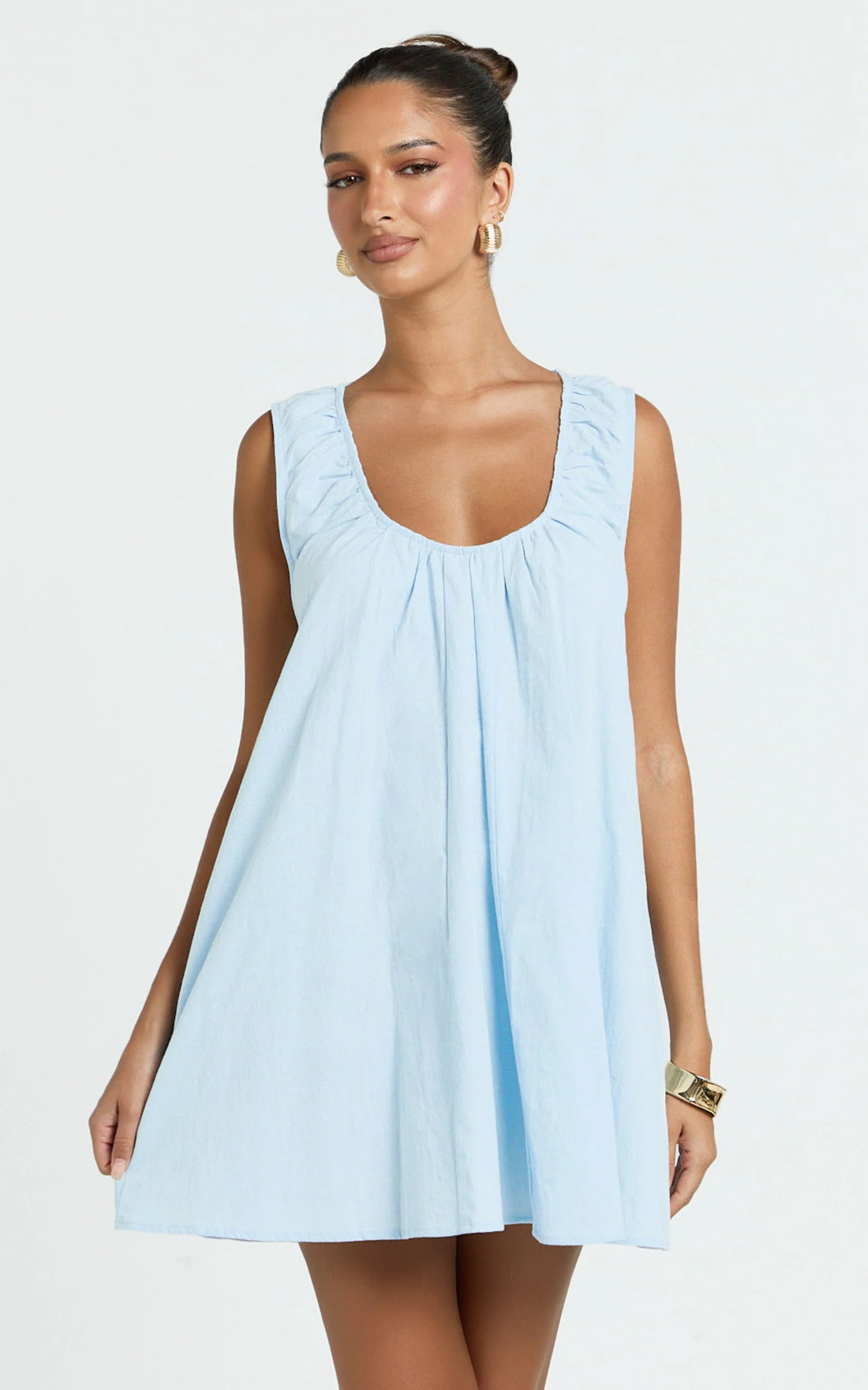 Lucinda Mini Dress - Deep U Gathered Neck Smock Dress in White