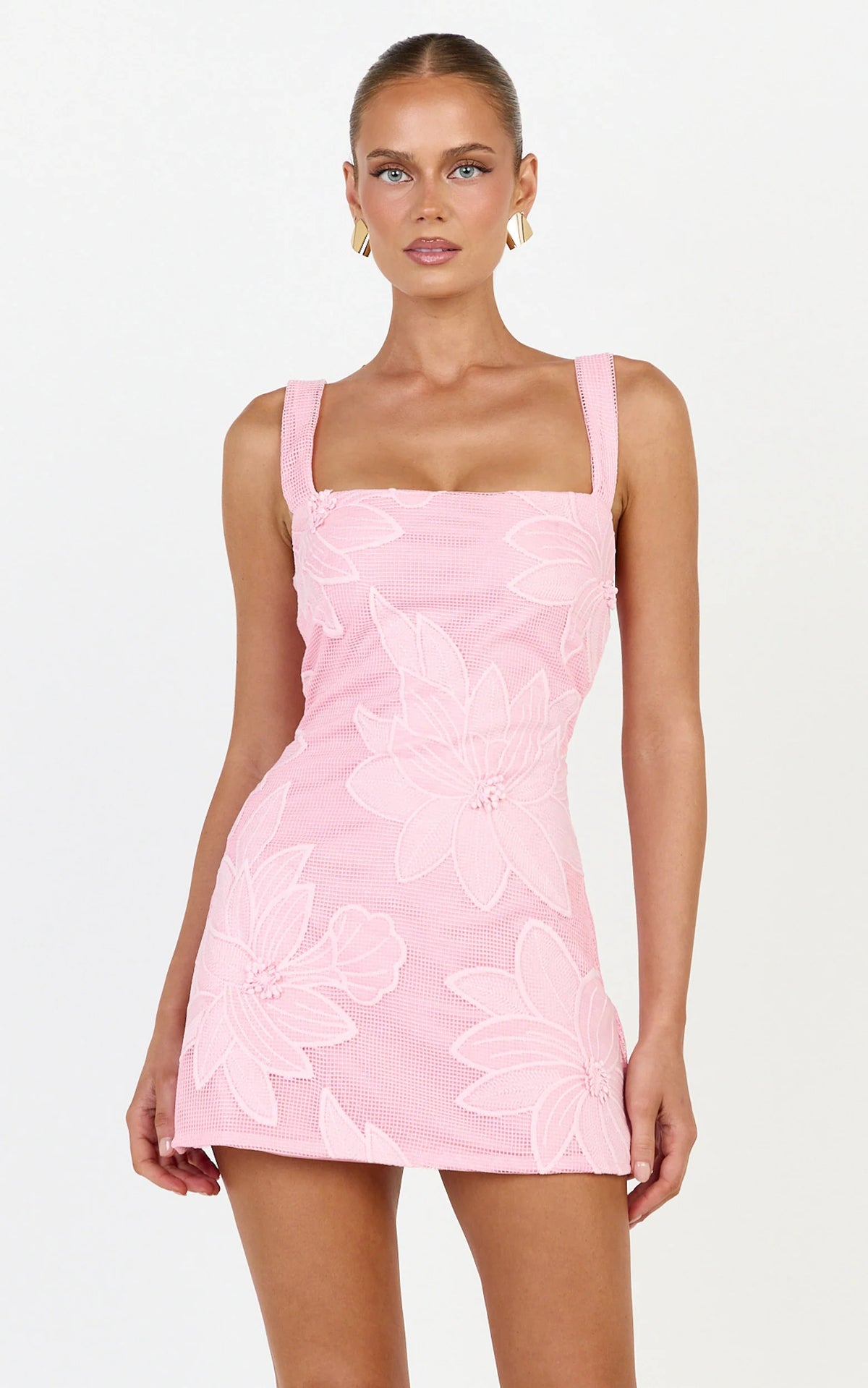 Sienna Mini Dress - Square Neck Floral Embroidered A Line Dress in White