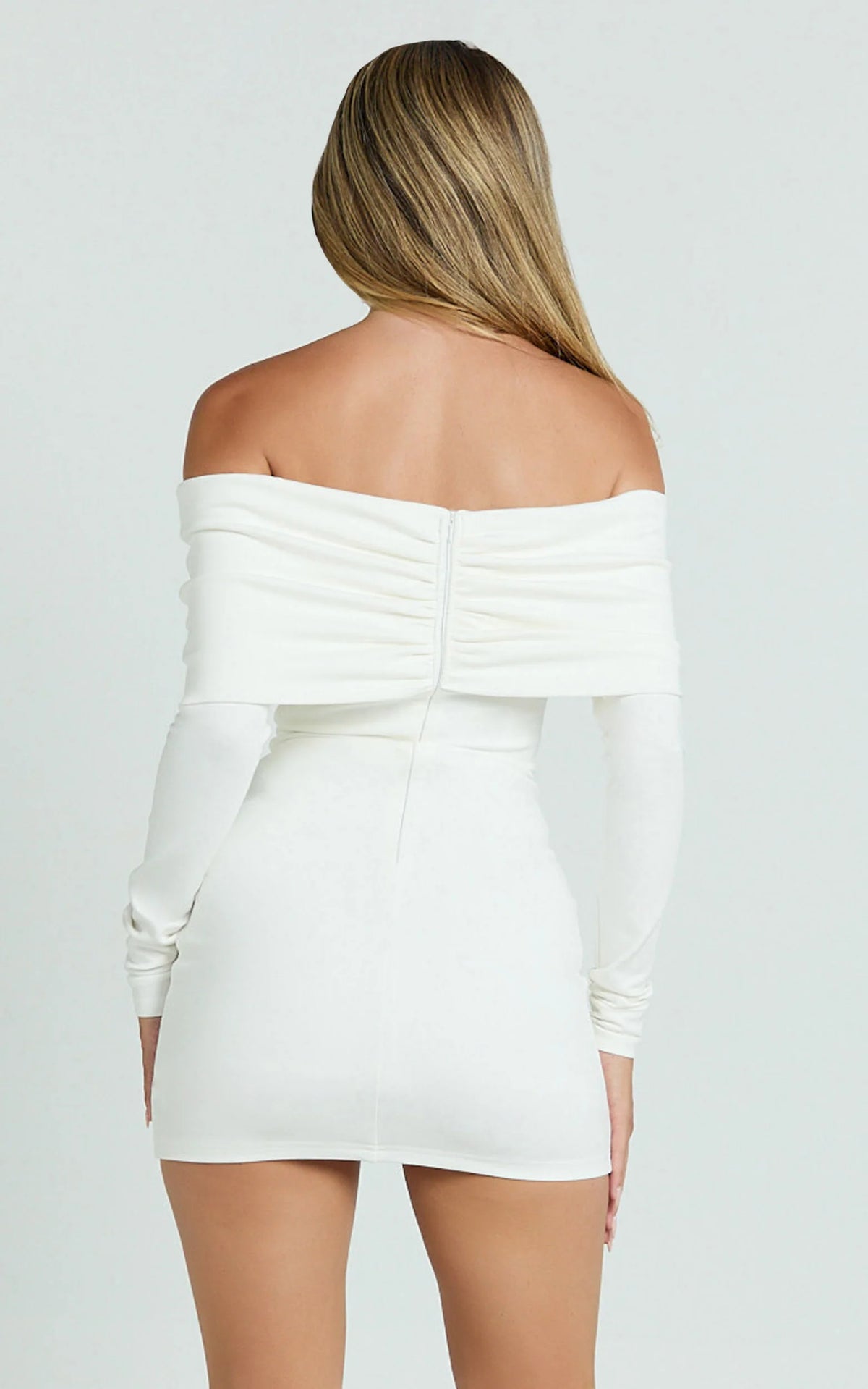 Rani Mini Dress - Off Shoulder Long Sleeve Bodycon Dress in Chocolate