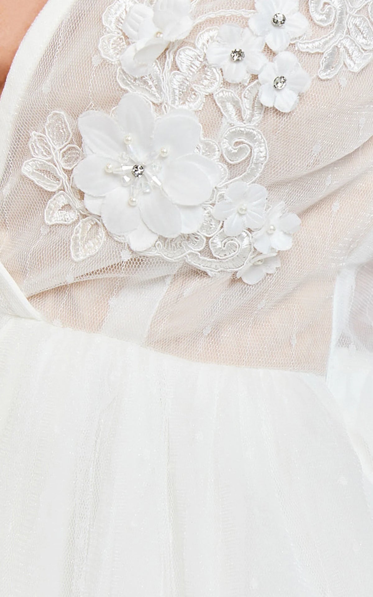 Akshia Mini Dress - Puff Sleeve Floral Detail Plunge Neck Dress in White
