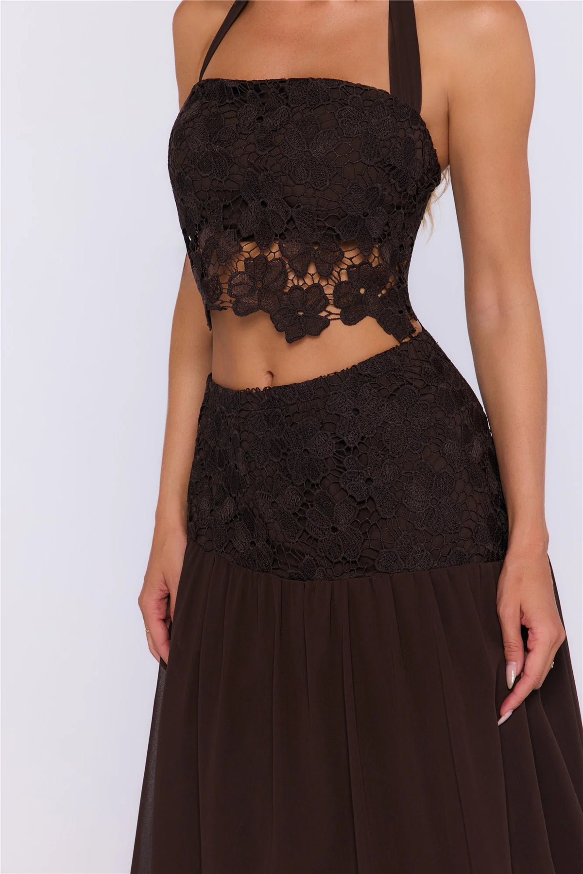 Dream Mood Embroidered Halter Crop Top Brown