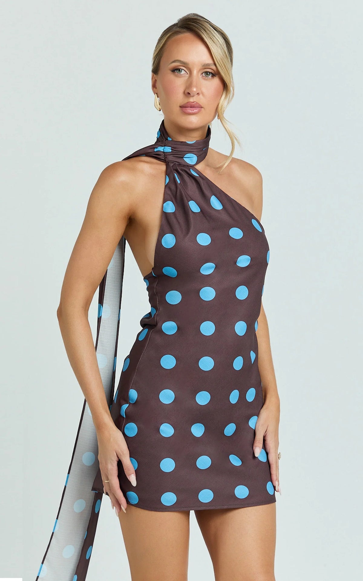 Maddox Mini Dress - Scarf Neck Low Tie Back Slip Dress in Brown