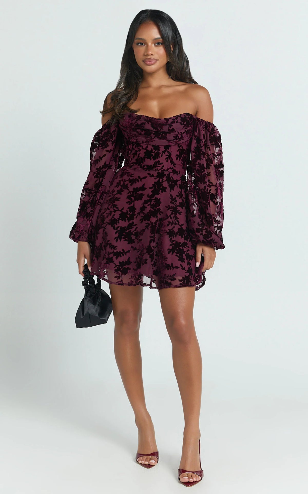Jessell Mini Dress - Long Sleeve Cowl Corset Dress in Burnt Out Floral