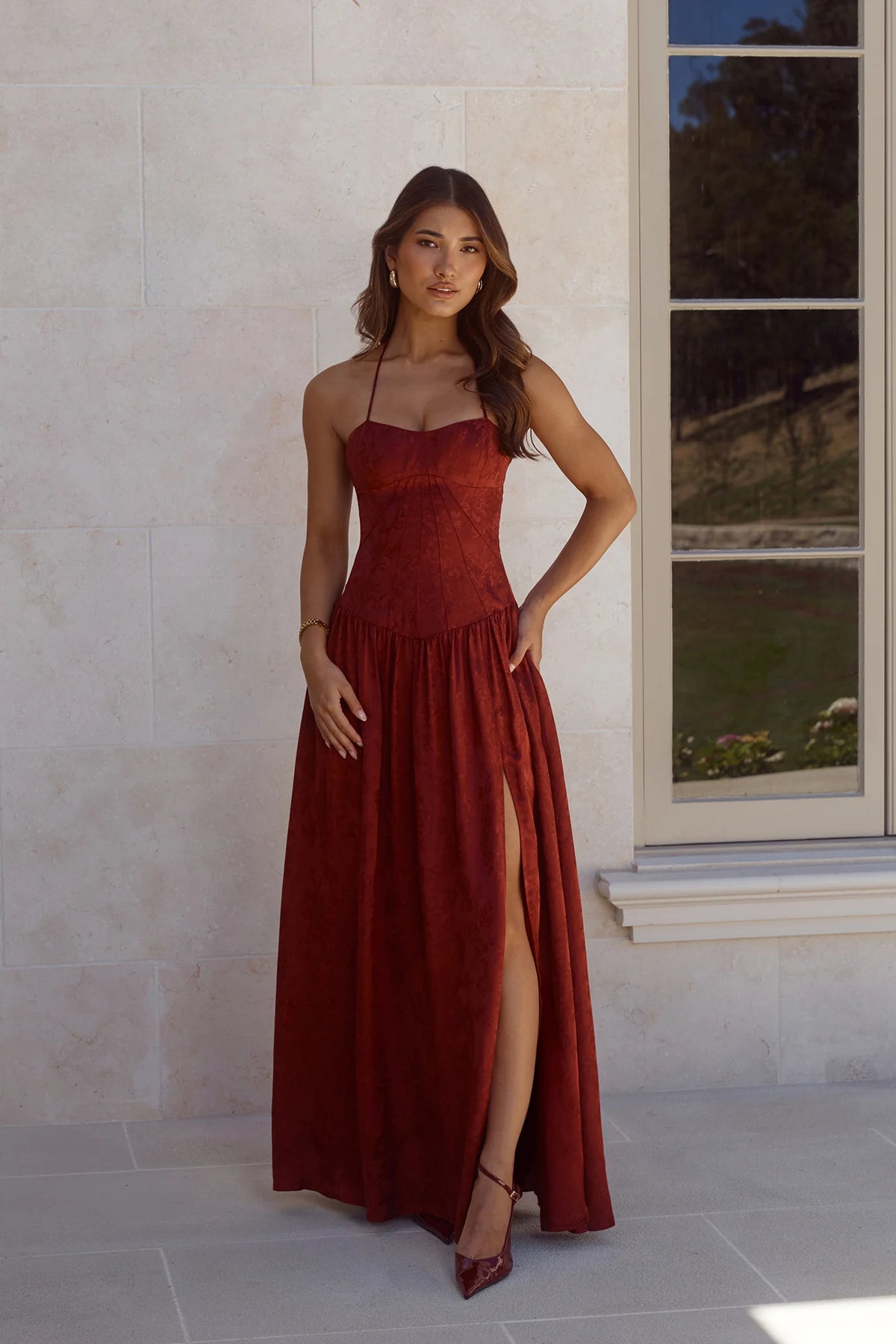 Starlet Status Satin Maxi Dress Wine