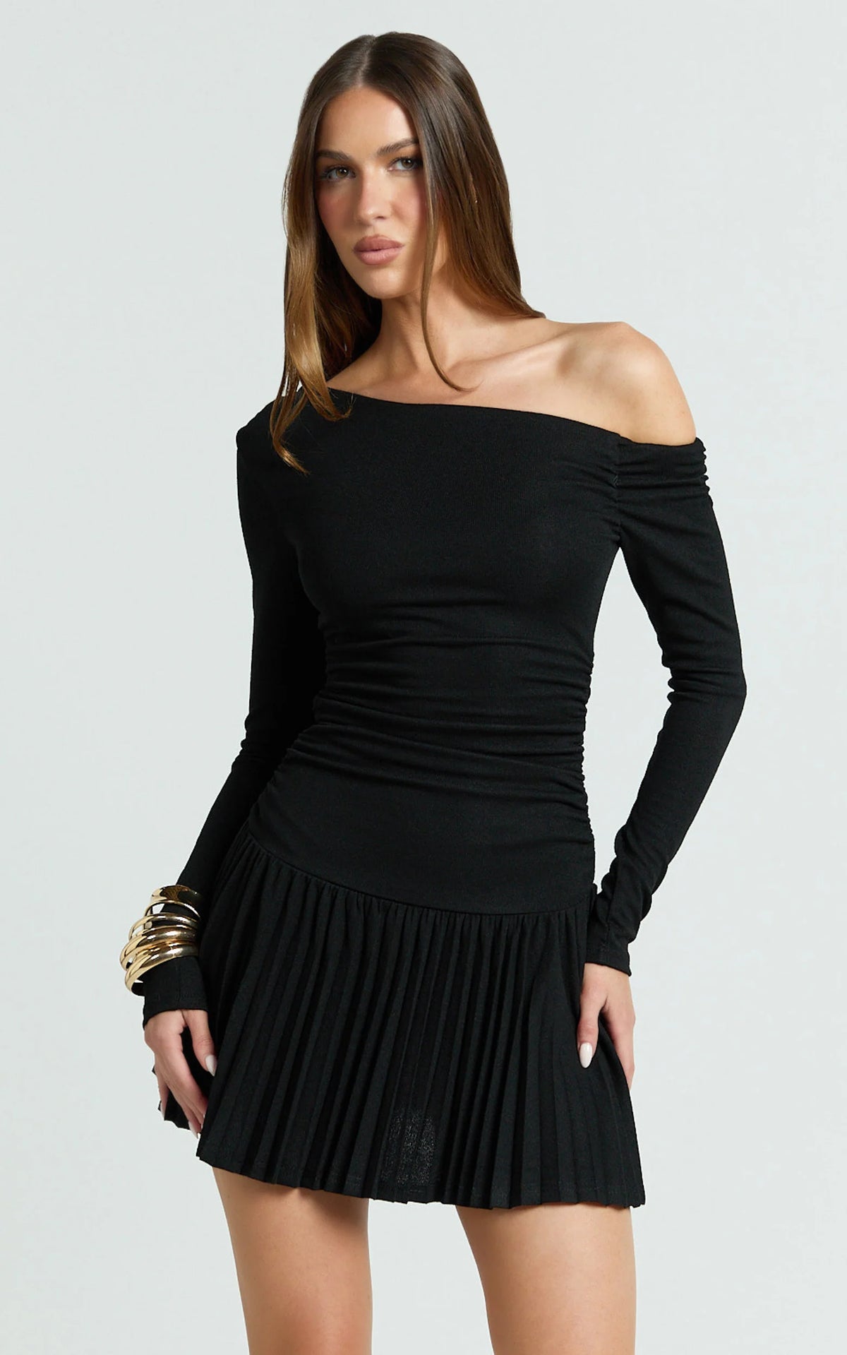 Presley Mini Dress - One Shoulder Ruched Side Pleated Fit And Flare Dress in Cream