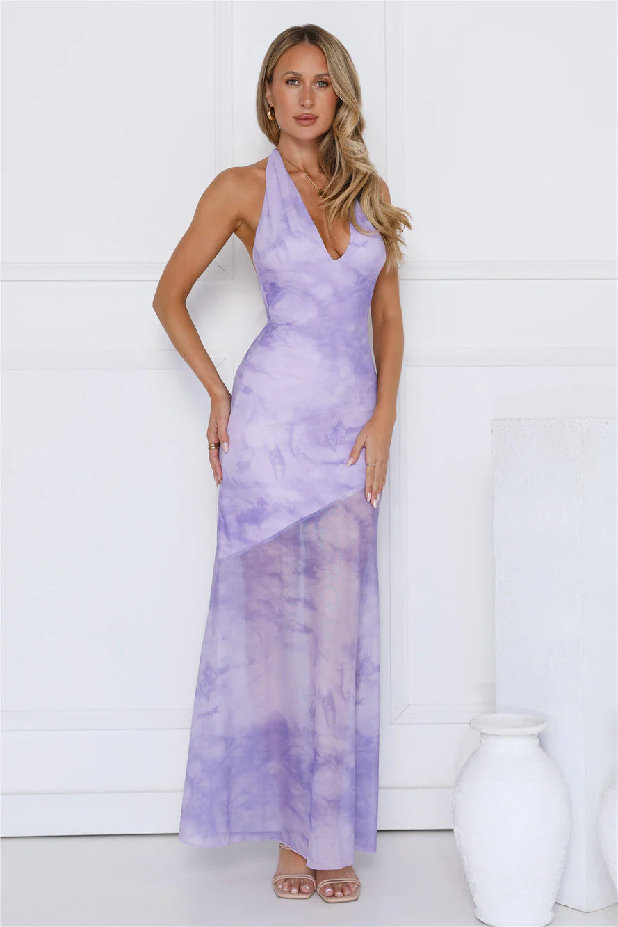 Sprinkle Pop Halter Mesh Maxi Dress Purple