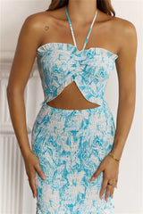 Tropical Escape Halter Cutout Maxi Dress Blue