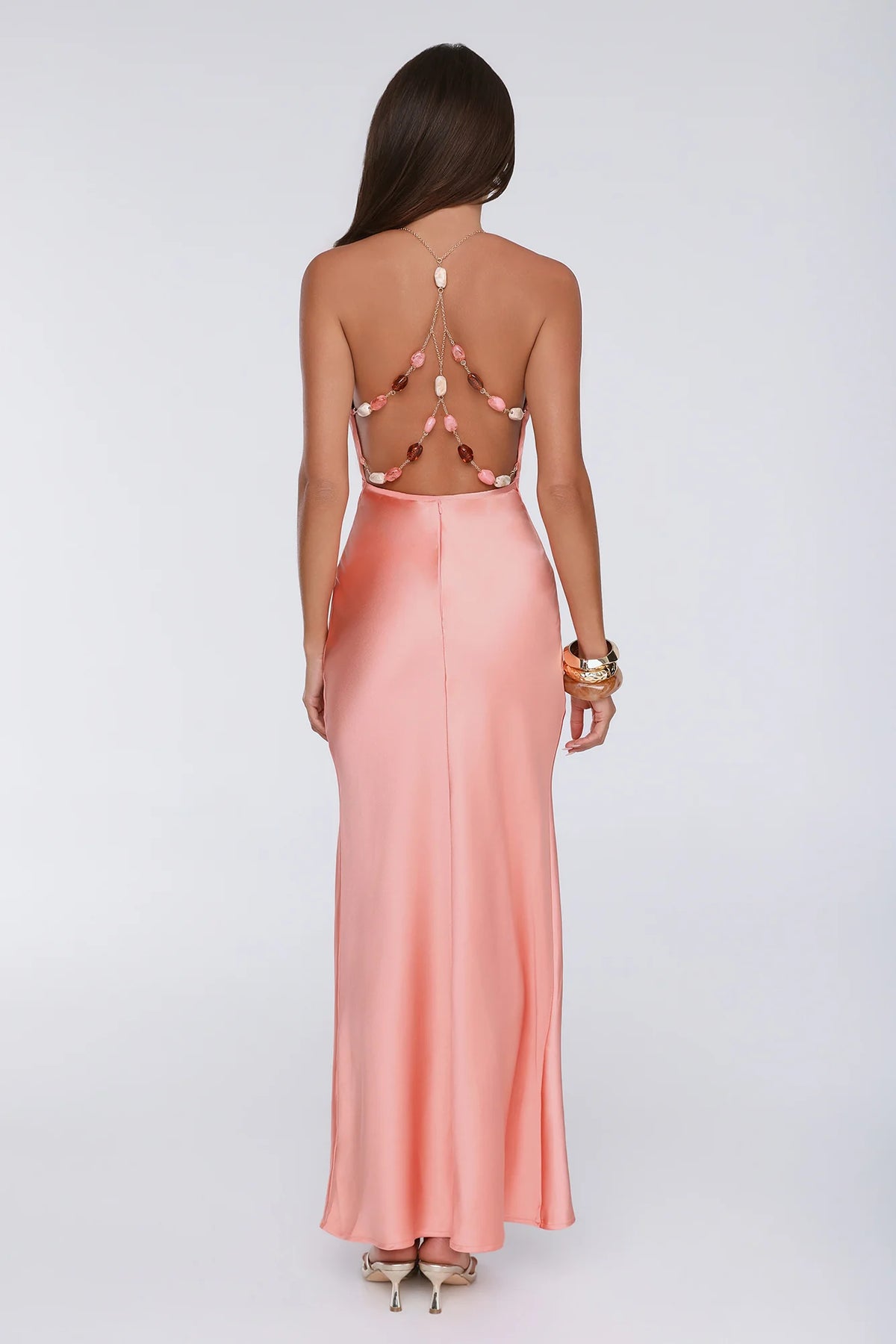 Pearl Indulgence Satin Maxi Dress Peach