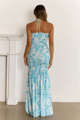 Tropical Escape Halter Cutout Maxi Dress Blue