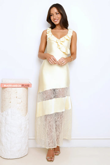 Shine Without Trying Lace Satin Maxi Dress Yellow