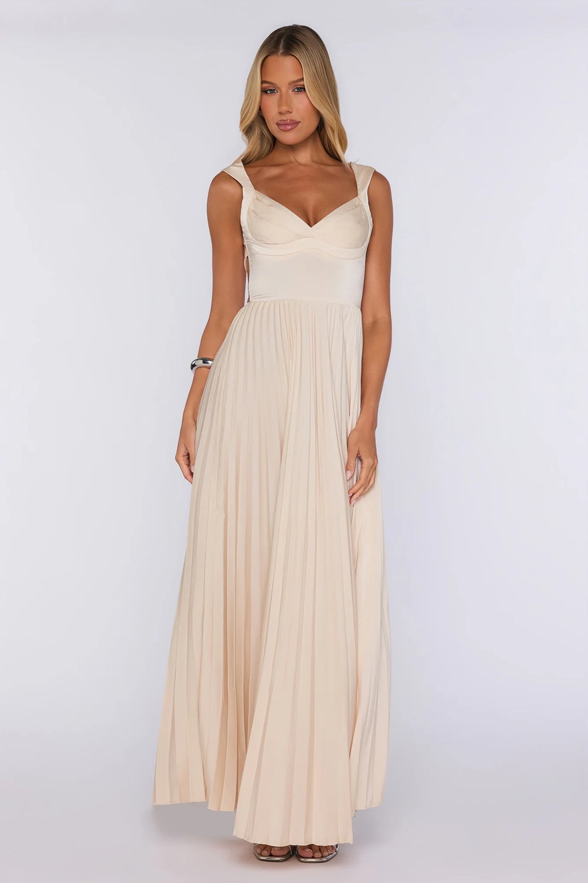 Satin Glow Pleated Maxi Dress Champagne