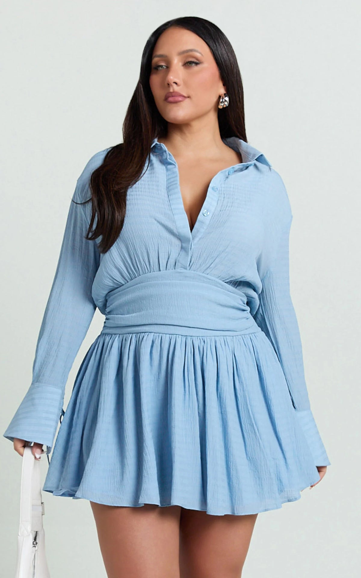 Valerie Mini Dress - Collared Long Sleeve Waist Shirt Dress in Black Polka Dot