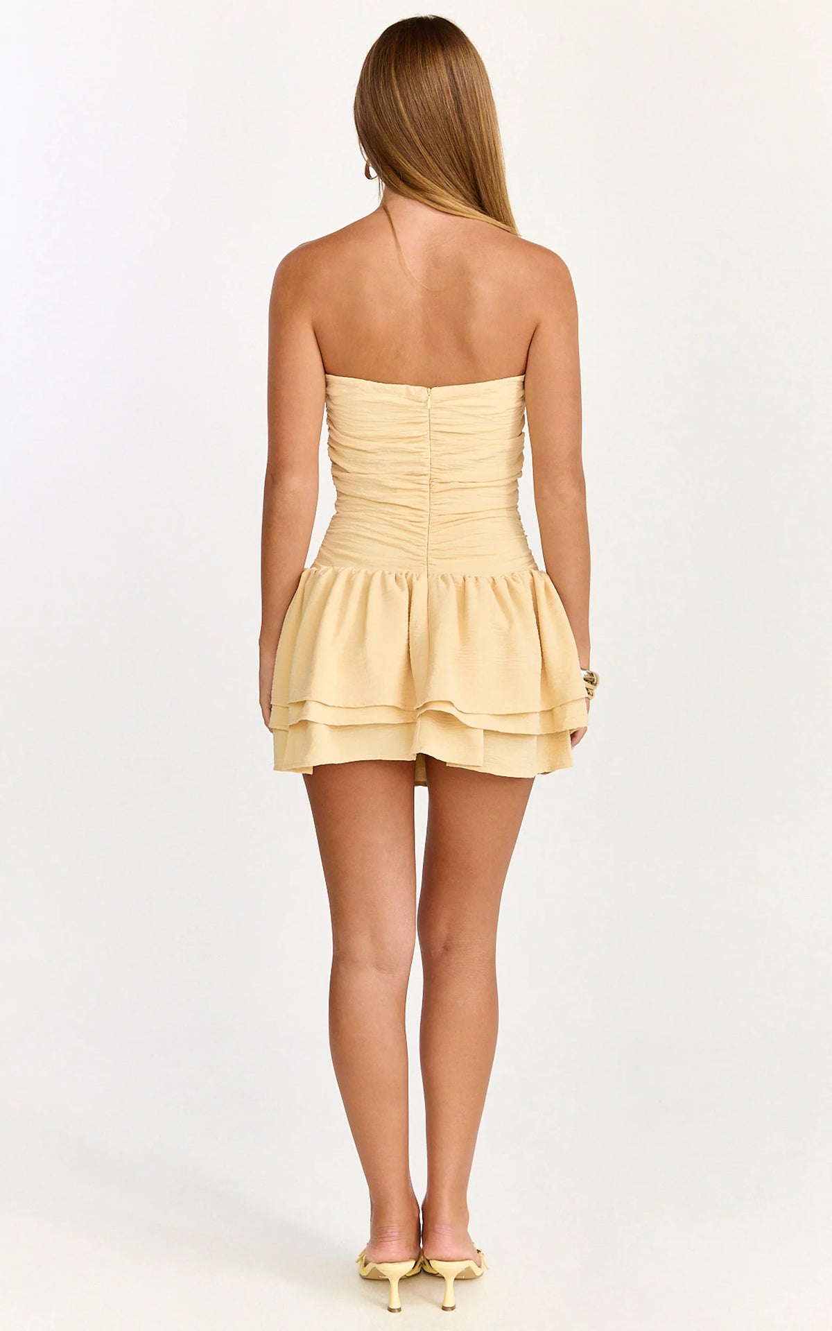 Millie Mini Dress - Strapless Gathered Frill Layered Fit And Flare Dress in Lemon