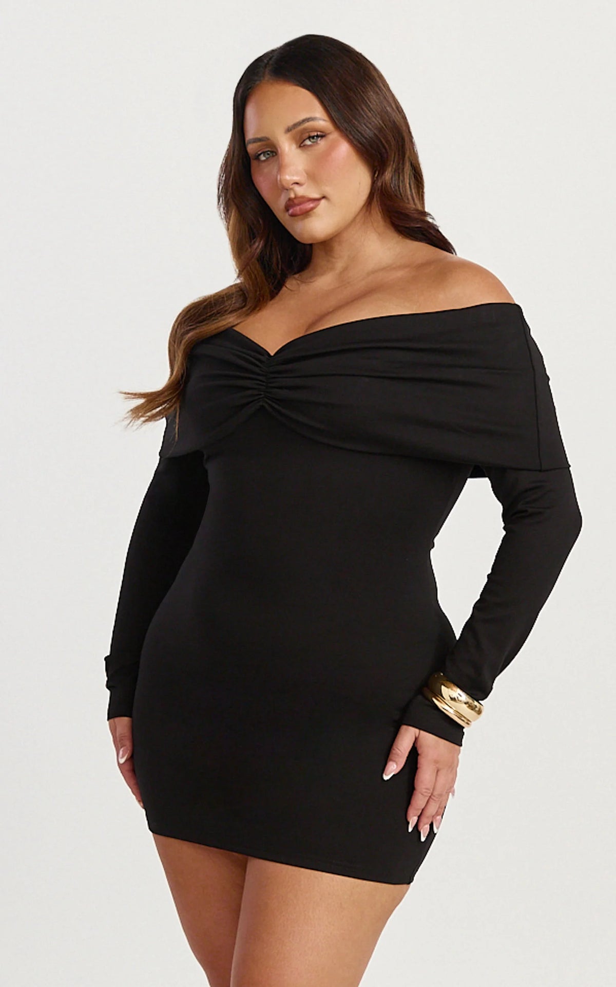 Rani Mini Dress - Off Shoulder Long Sleeve Bodycon Dress in Chocolate